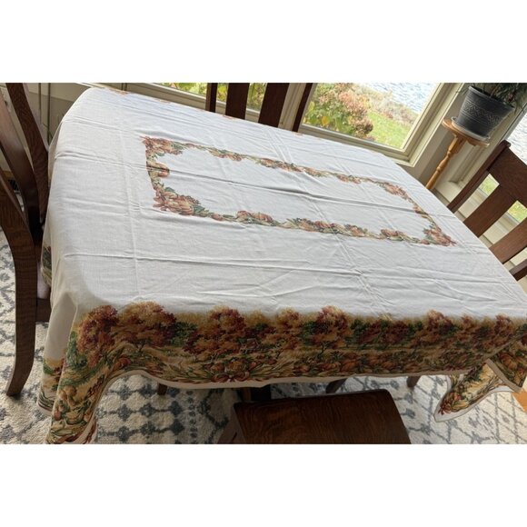 Autumn Fall Thanksgiving Cloth Tablecloth & 8 Napkins 59X84 Autumn Theme Vtg - Picture 1 of 8